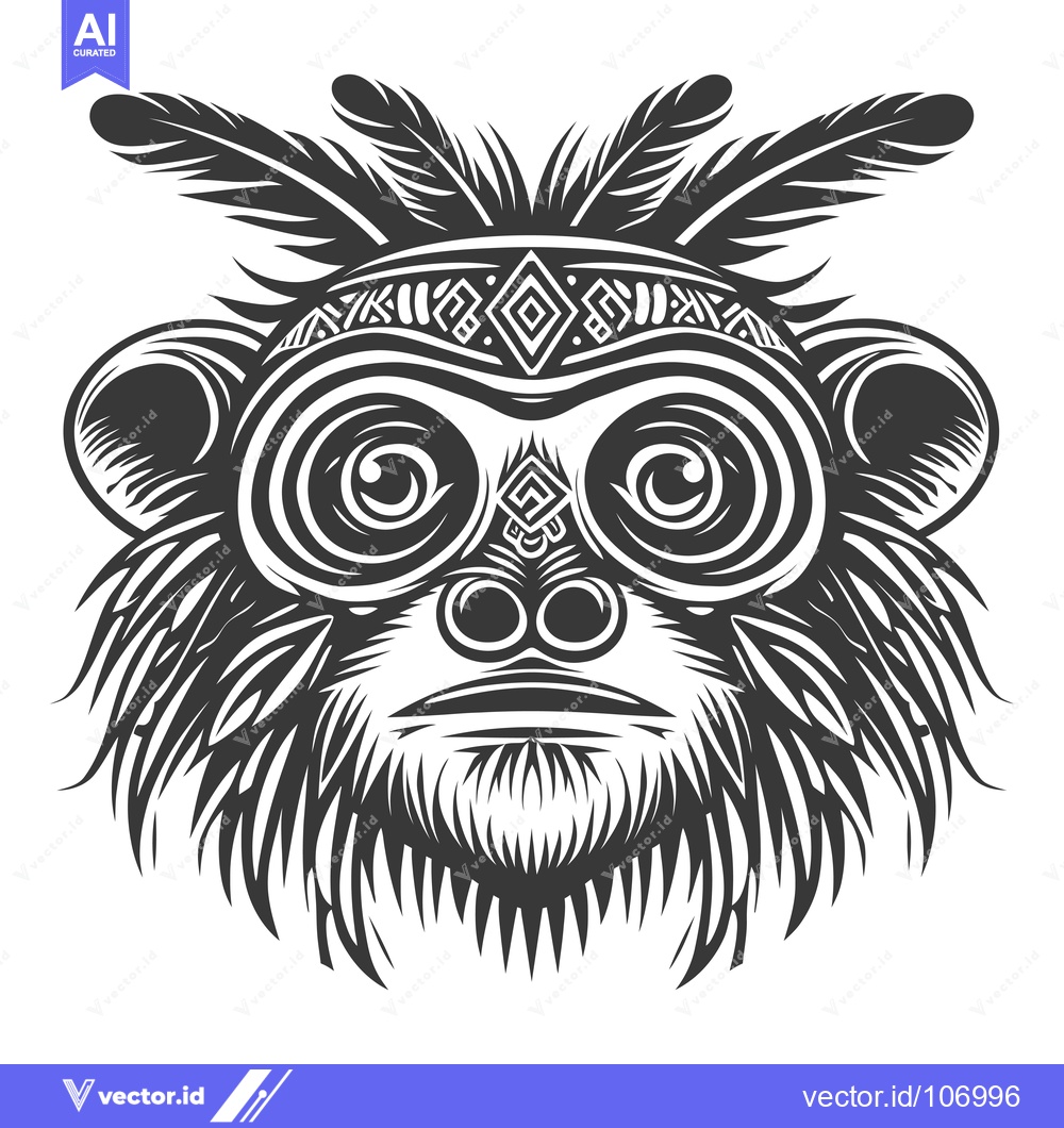Premium Vector dari Tribal Monkey Head with Feathers and Geometric Pattern