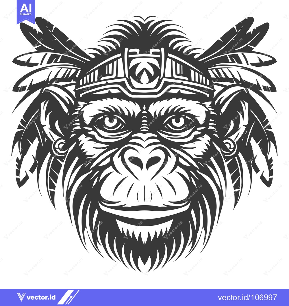 Premium Vector of Tribal Monkey Head with Feathers and Headband