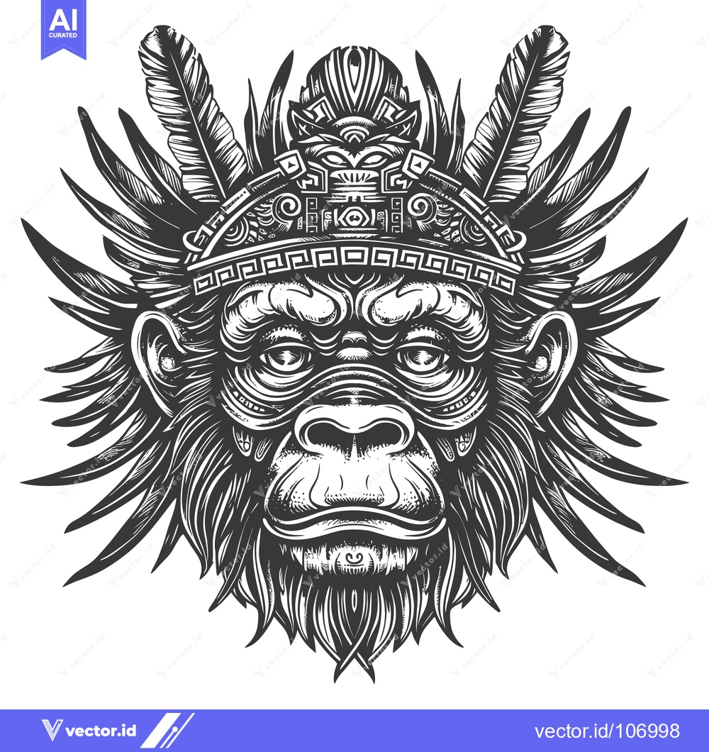 Premium Vector of Tribal Monkey Head with Feathers and Ornamental Headband