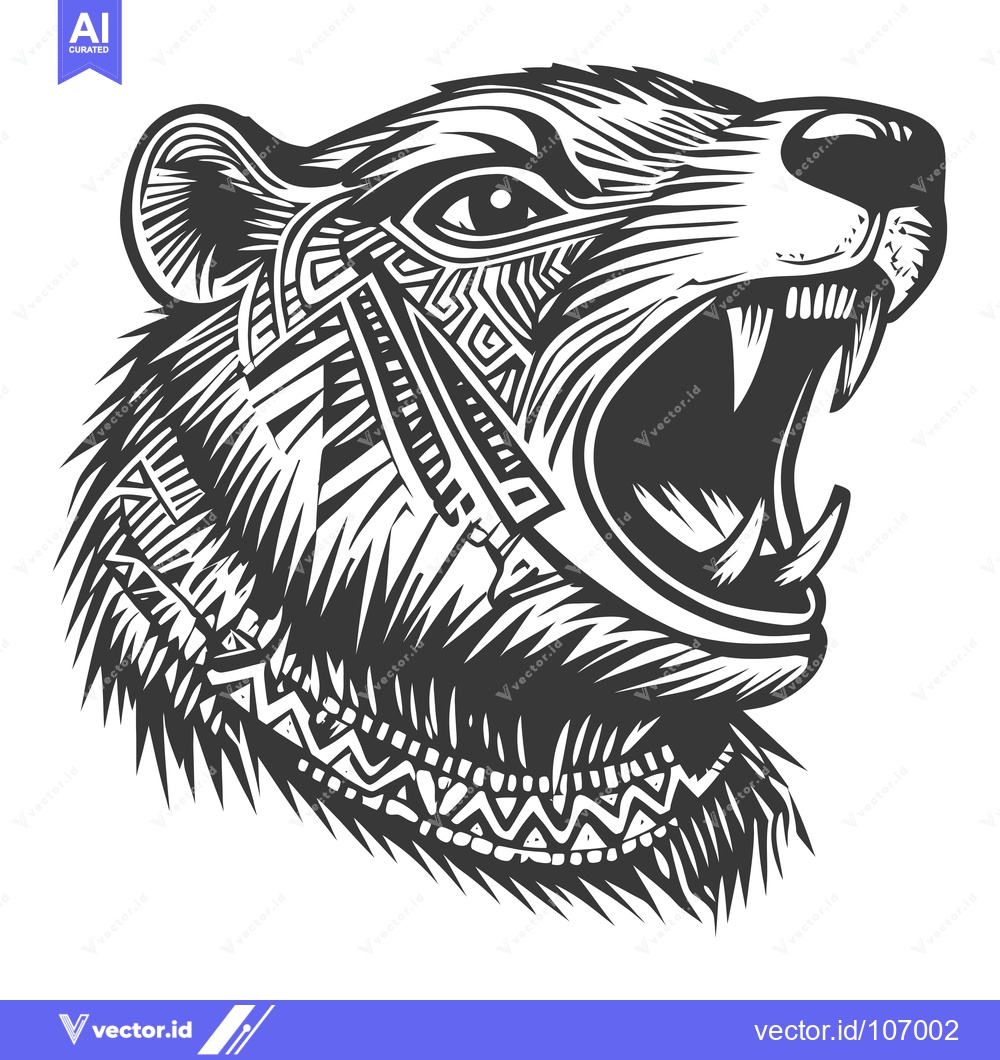 Premium Vector dari Tribal Patterned Bear Head with Open Mouth and Sharp Teeth
