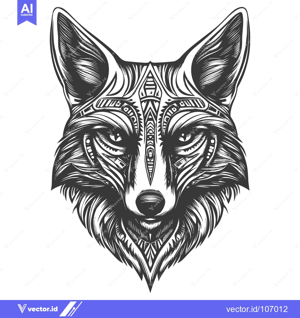 Premium Vector of Tribal Patterned Fox Head Illustration in Black and White