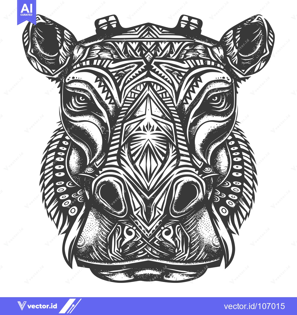 Premium Vector dari Tribal patterned hippopotamus head in black and white