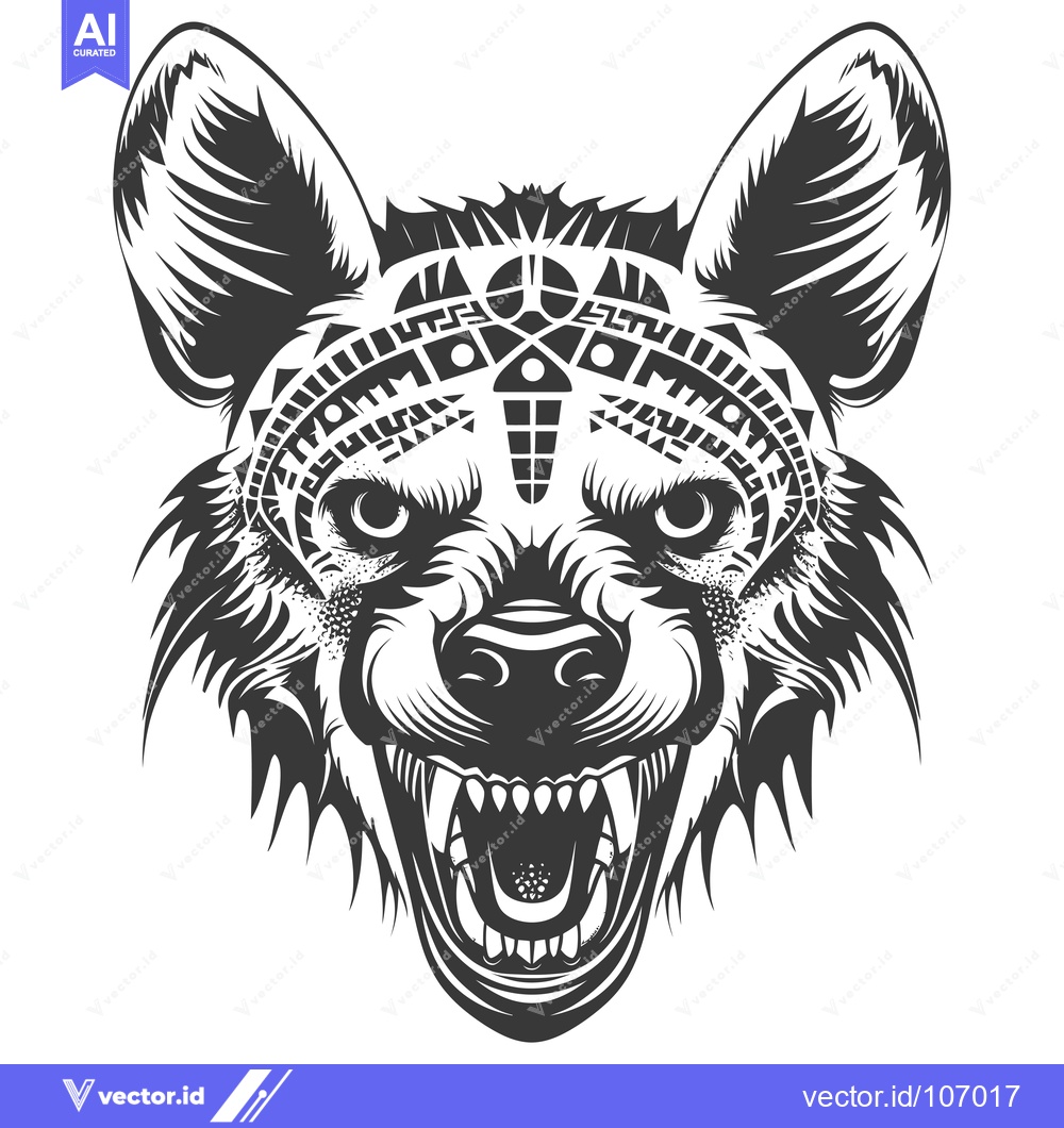 Premium Vector of Tribal Patterned Hyena Head with Open Mouth and Fangs