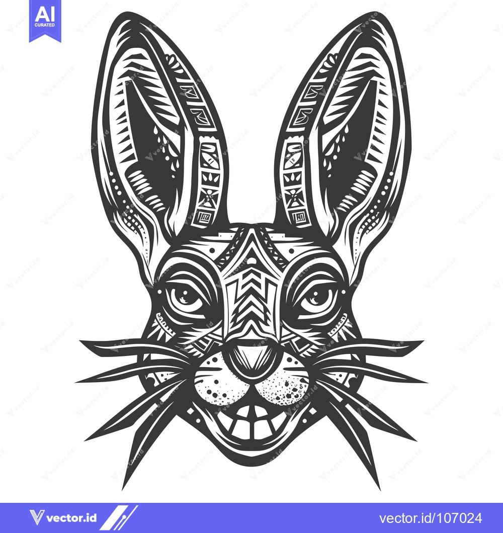 Premium Vector dari Tribal Patterned Rabbit Head with Big Ears and Grinning Mouth