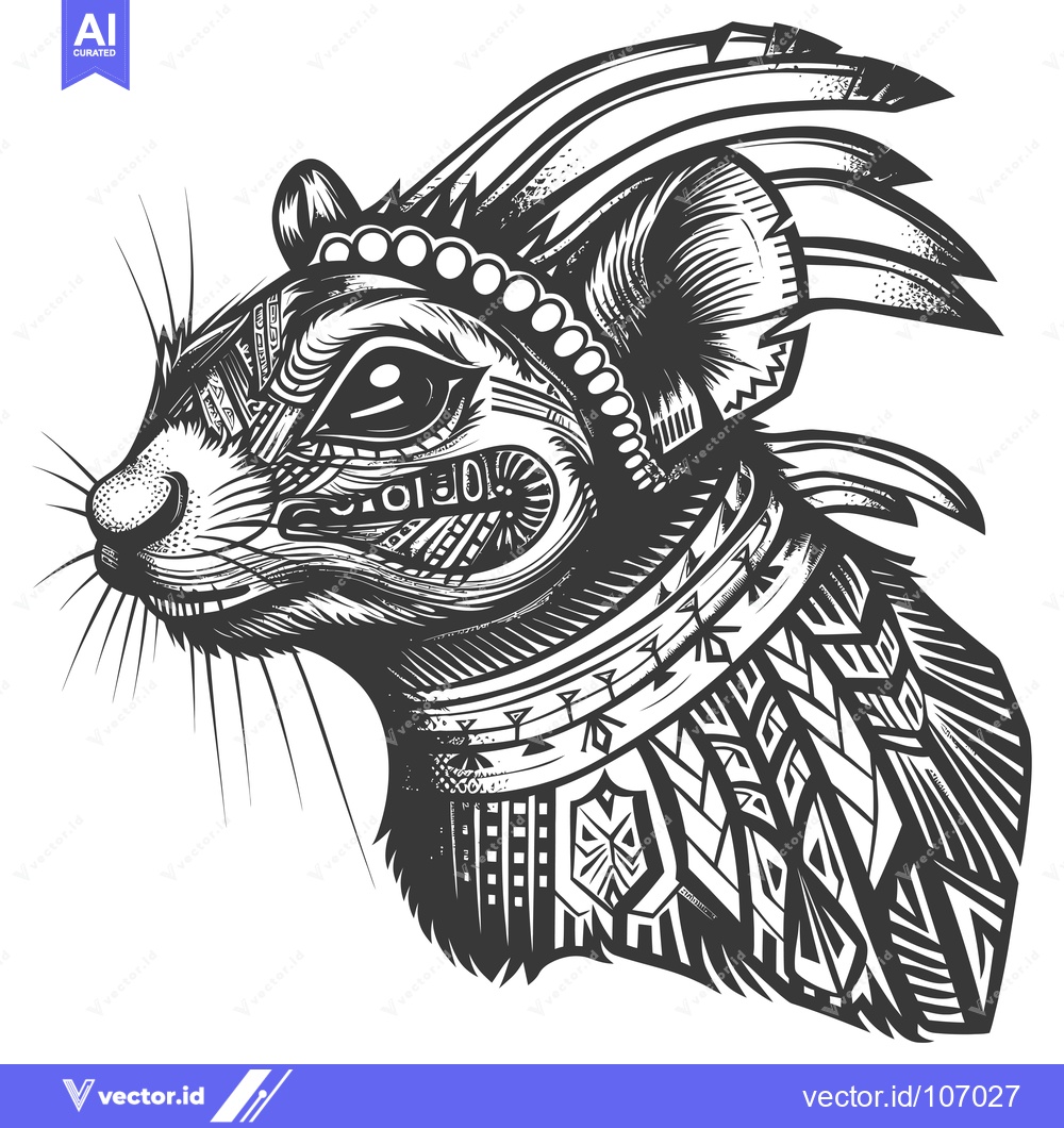 Premium Vector dari Tribal Patterned Rat Head with Feathers and Geometric Designs