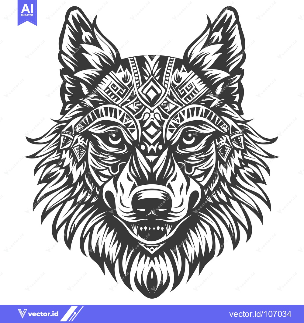 Premium Vector dari Tribal patterned wolf head with sharp fangs