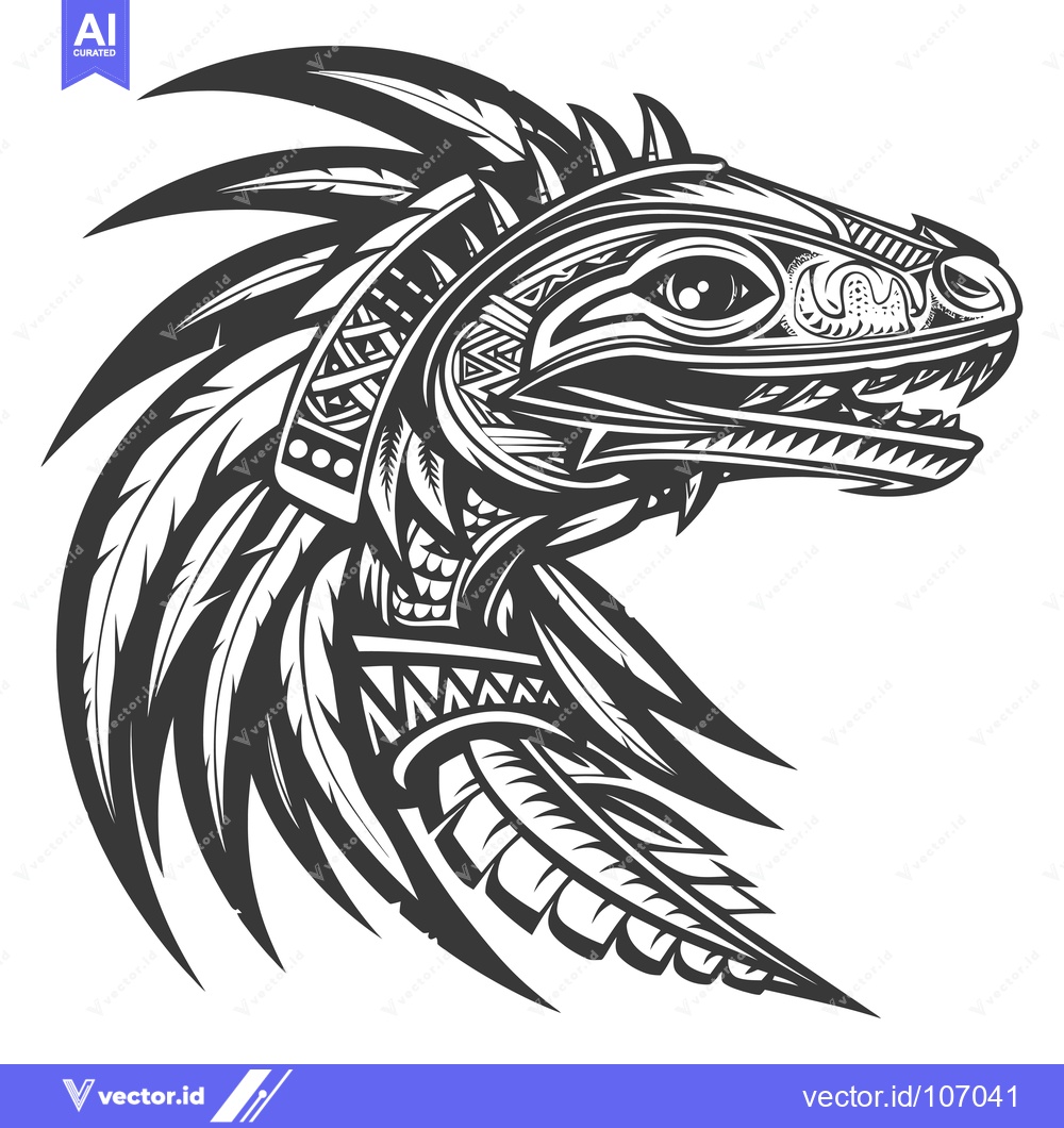 Premium Vector of Tribal Style Black and White Feathered Lizard Head