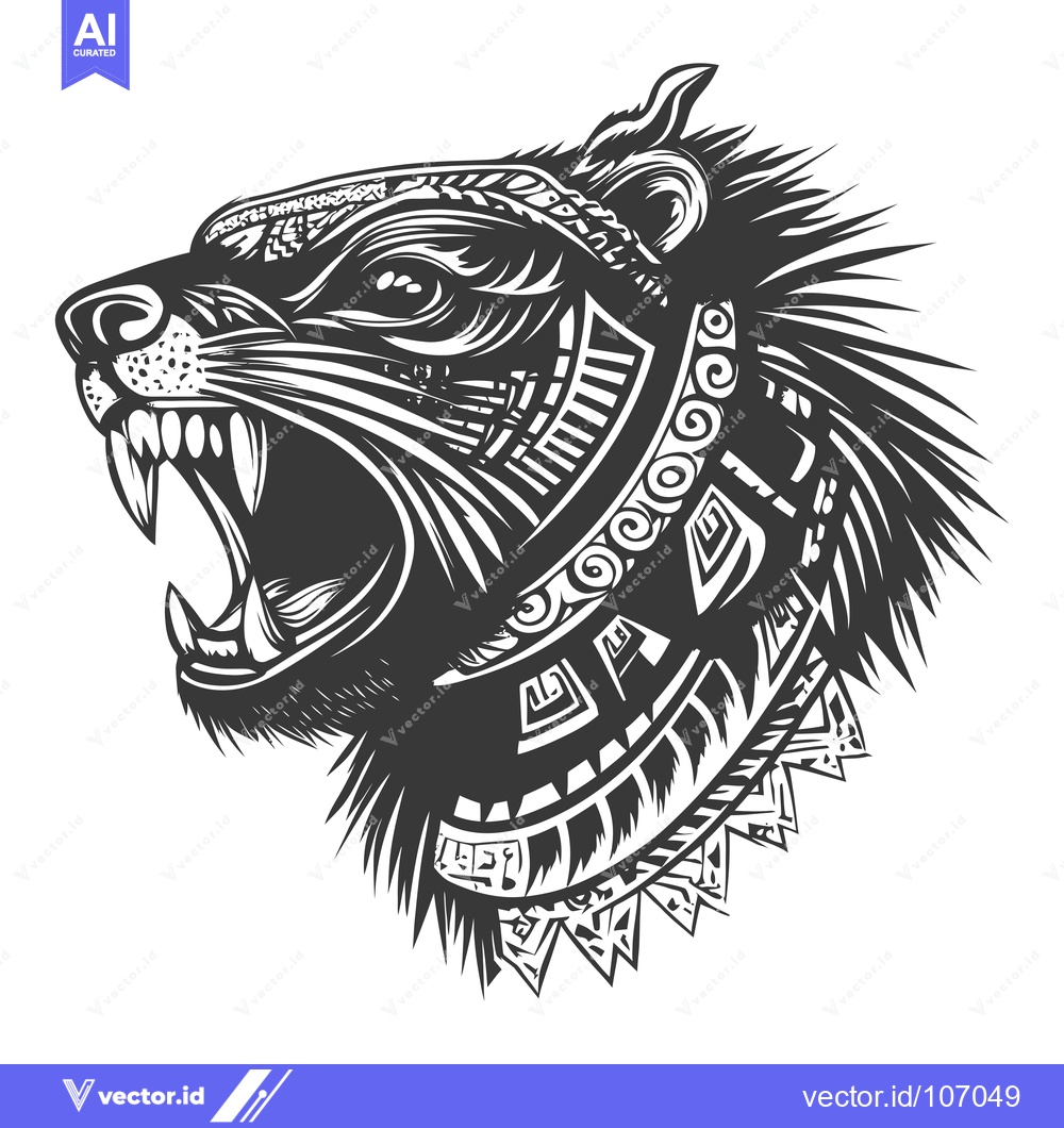 Premium Vector dari Tribal-Style Design of a Roaring Animal's Head with Fur and Ornamentat