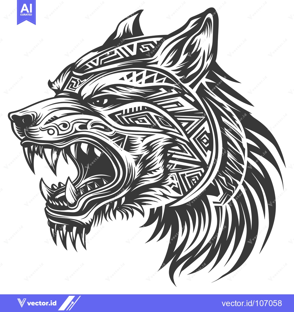 Premium Vector dari Tribal Tattoo Style Wolf Head with Open Mouth and Geometric Patterns