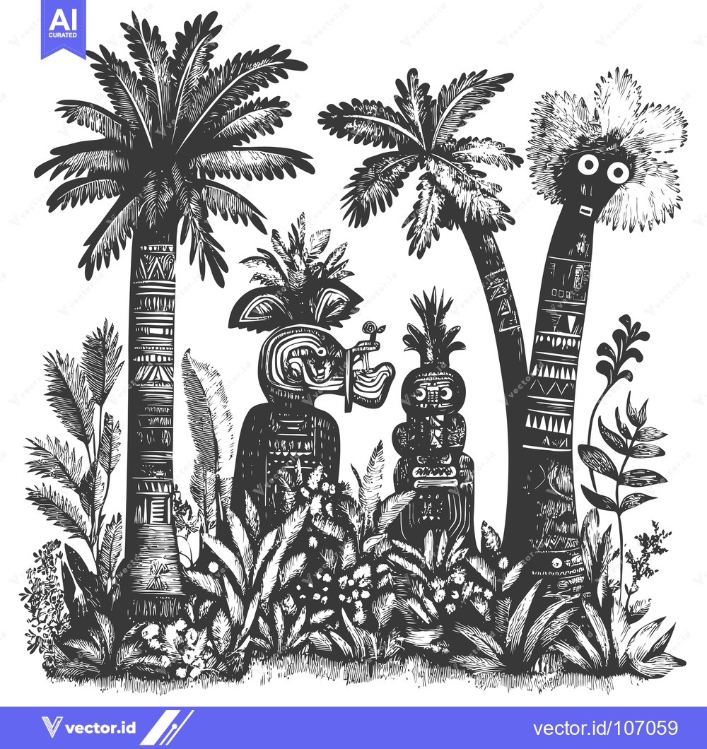 Premium Vector dari Tribal Totems Surrounded by Palm Trees and Jungle Foliage