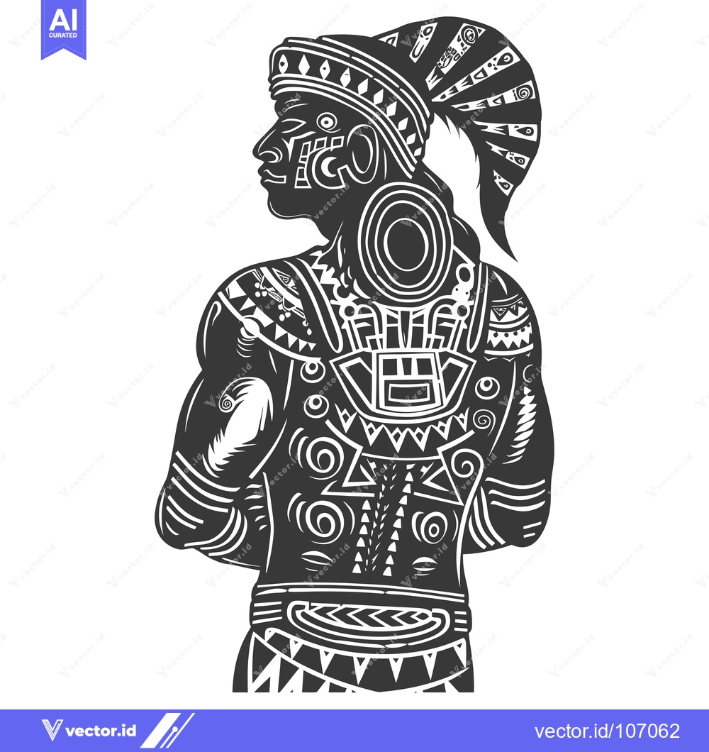 Premium Vector of Tribal Warrior with Elaborate Geometric Tattoos and Headdress