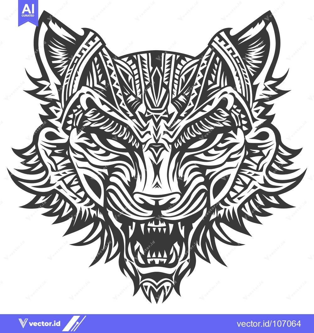 Premium Vector dari Tribal Wolf Head Design with Geometric Patterns and Open Mouth