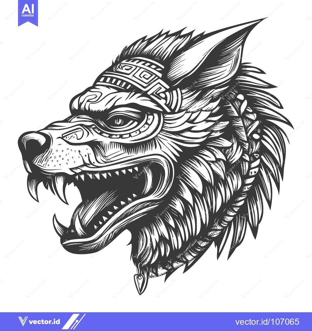 Premium Vector dari Tribal Wolf Head with Feathers and Geometric Design