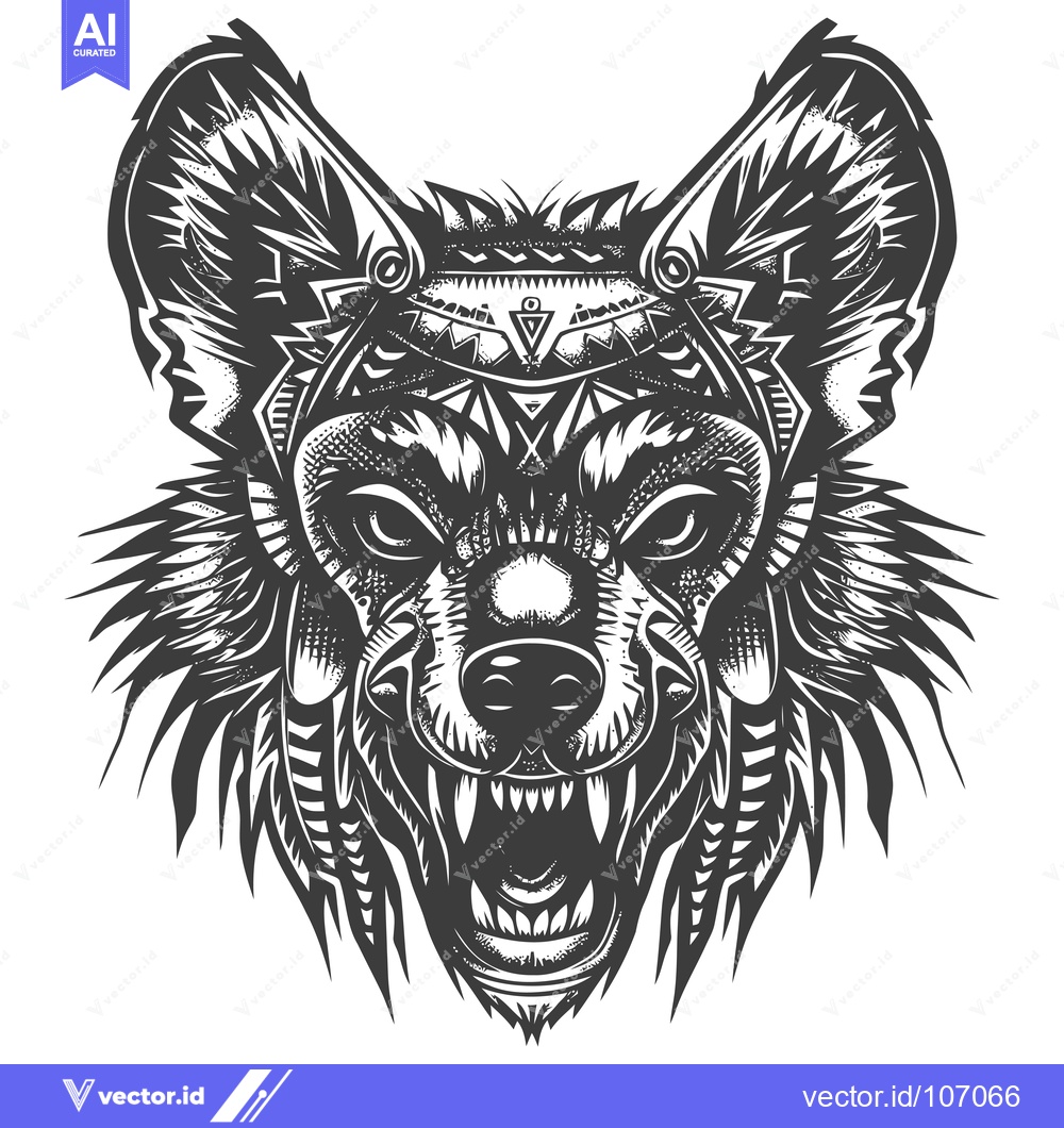 Premium Vector dari Tribal Wolf Head with Geometric Pattern and Feathers