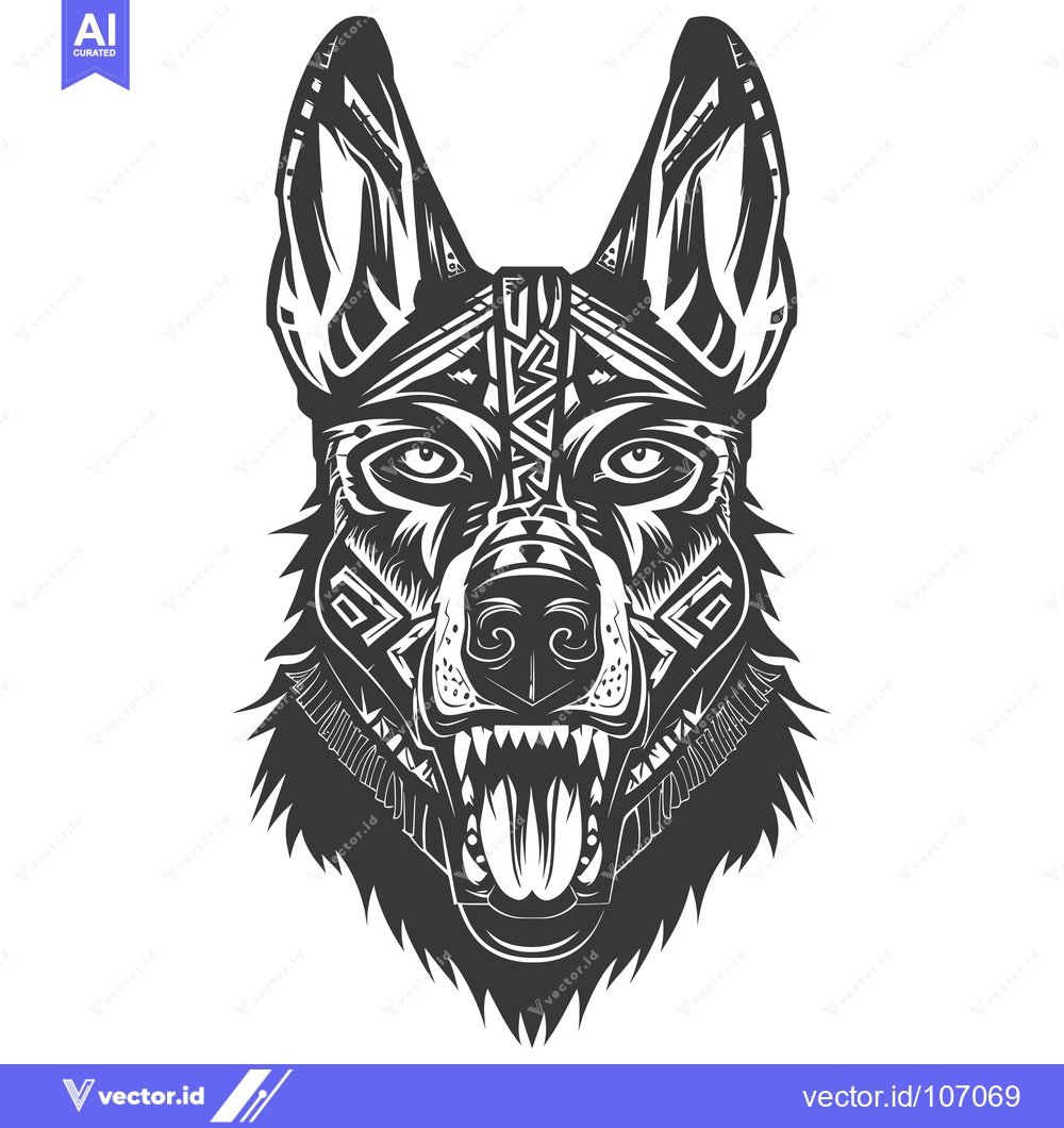 Premium Vector dari Tribal Wolf Head with Open Mouth and Sharp Teeth