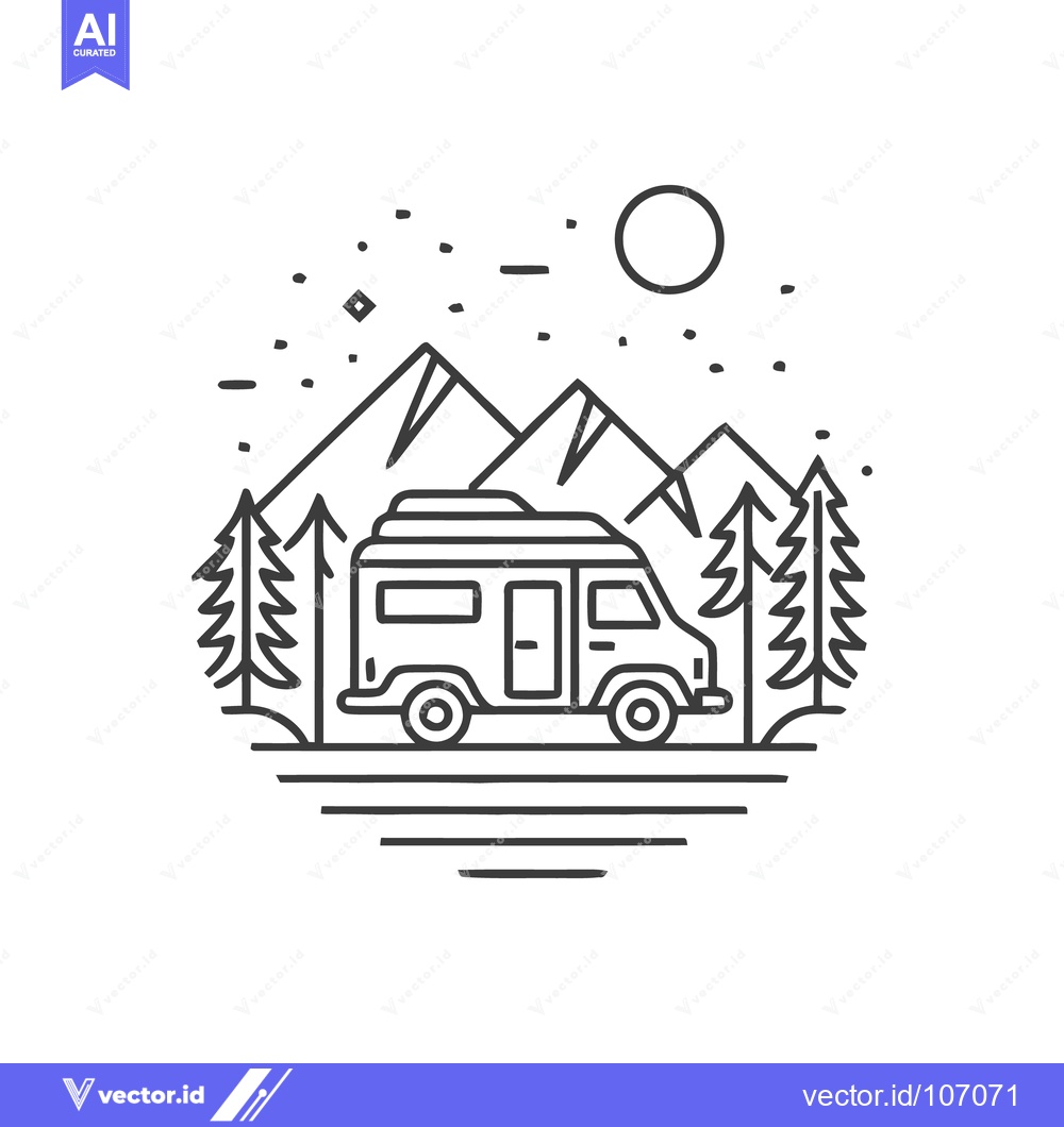 Premium Vector dari Minimalist RV Adventure: Mountain Landscape, Pine Trees, and Starry Ni