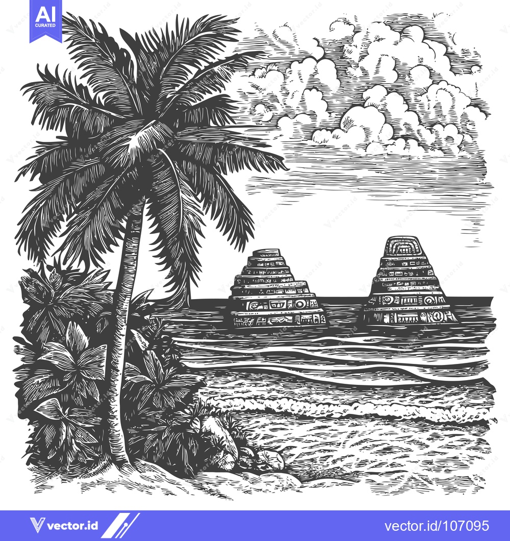 Premium Vector of Tropical Beach Scene with Palm Tree and Ancient Ruins
