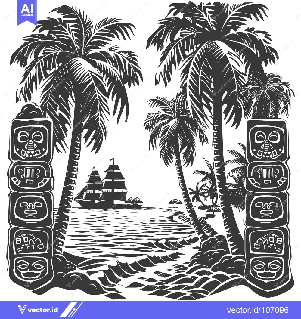 Premium Vector of Tropical Island Scene with Palm Trees and Totem Poles