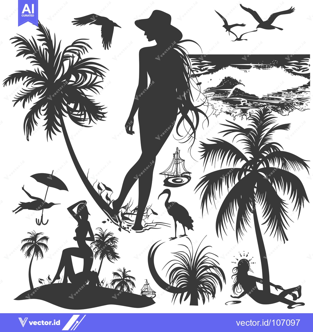 Premium Vector dari Tropical Island Scene with Palm Trees, Birds, and Women in Silhouette