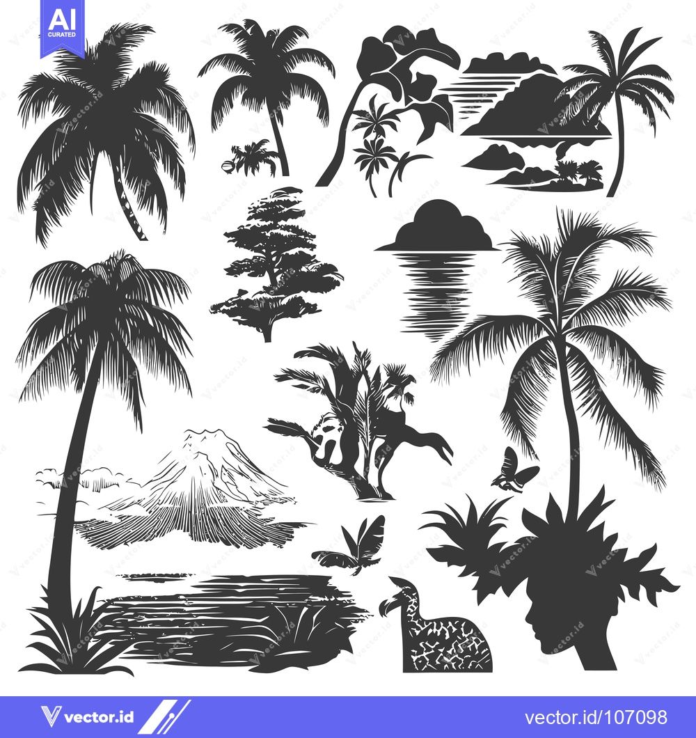 Premium Vector dari Tropical Island Silhouettes with Palm Trees, Mountains, and a Woman