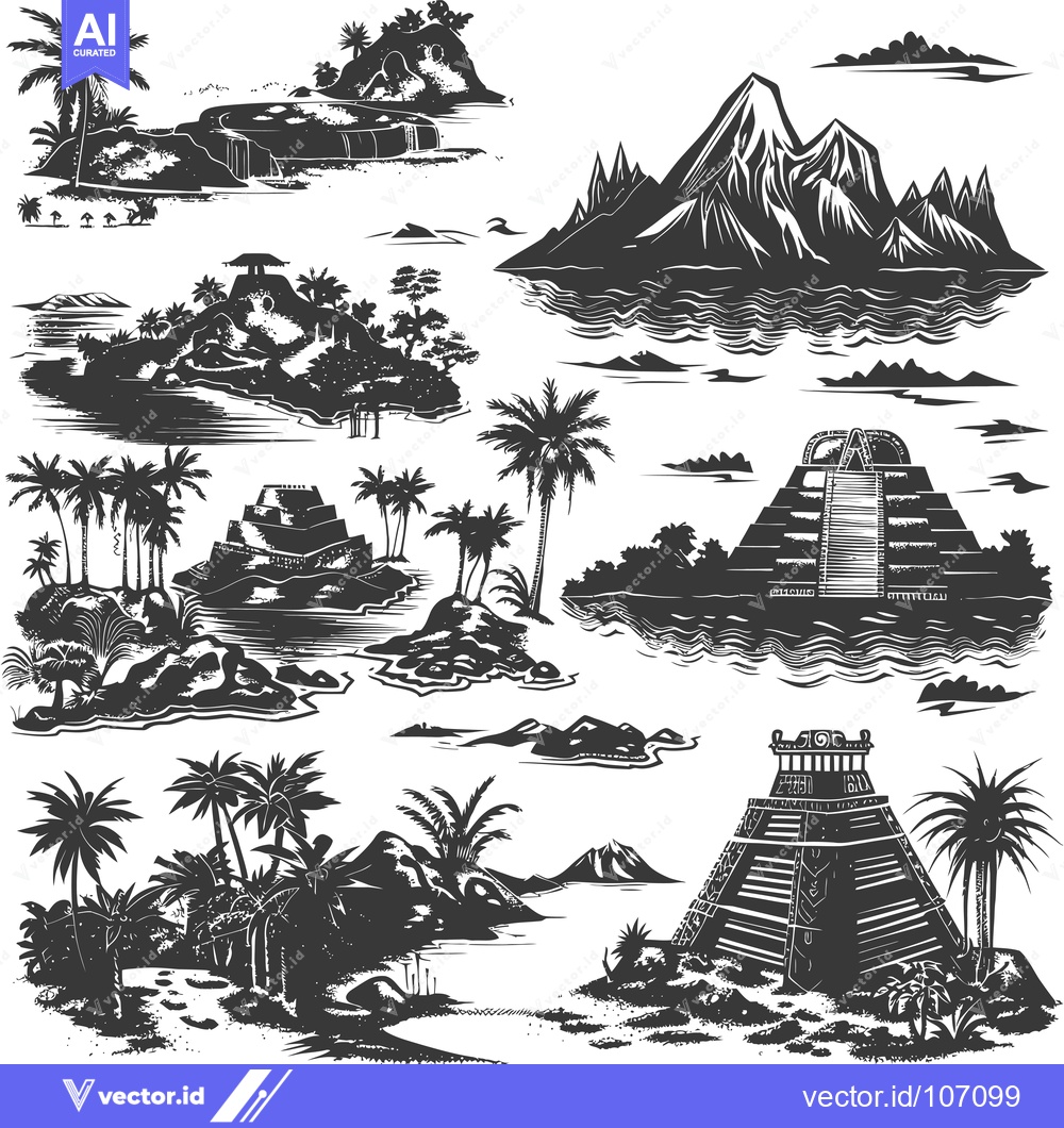 Premium Vector of Tropical Islands with Ancient Ruins and Palm Trees