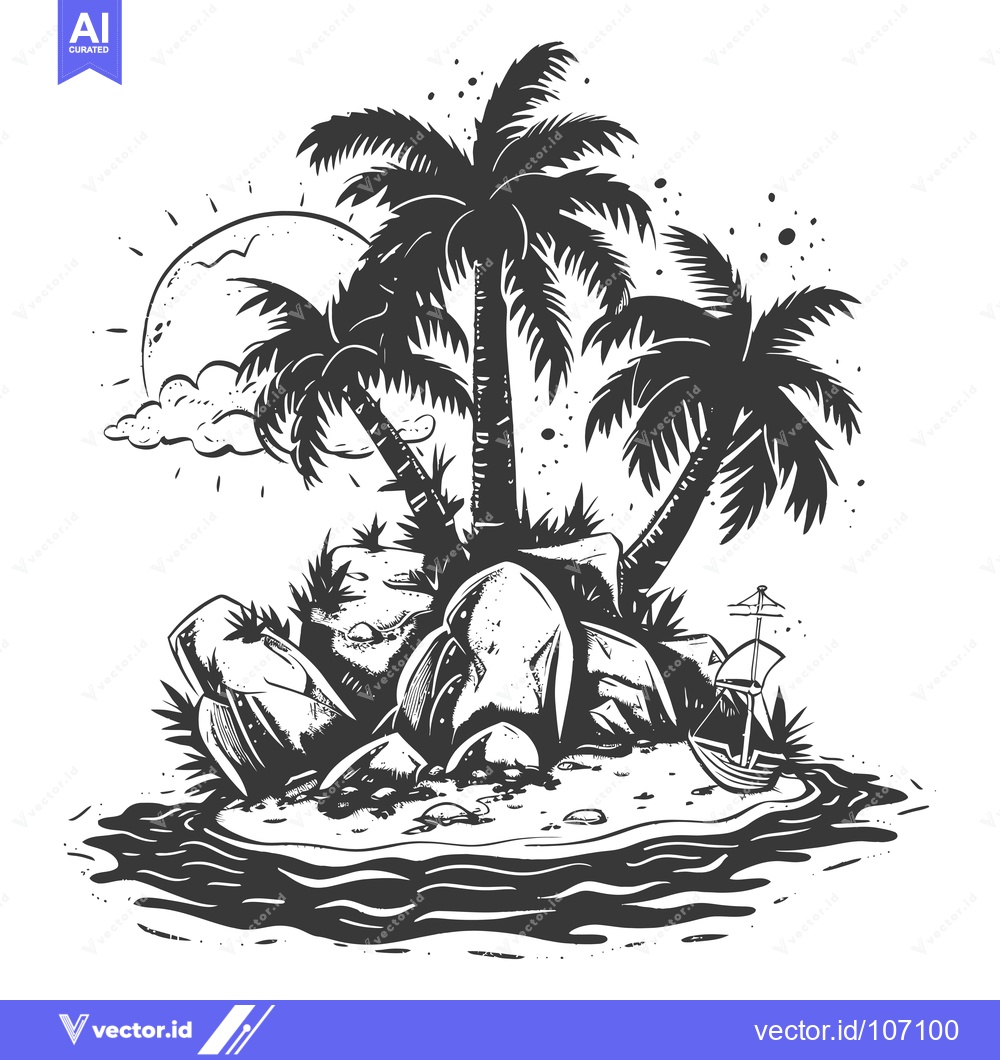 Premium Vector of Tropical Island with Palm Trees, Rocks, and a Small Boat