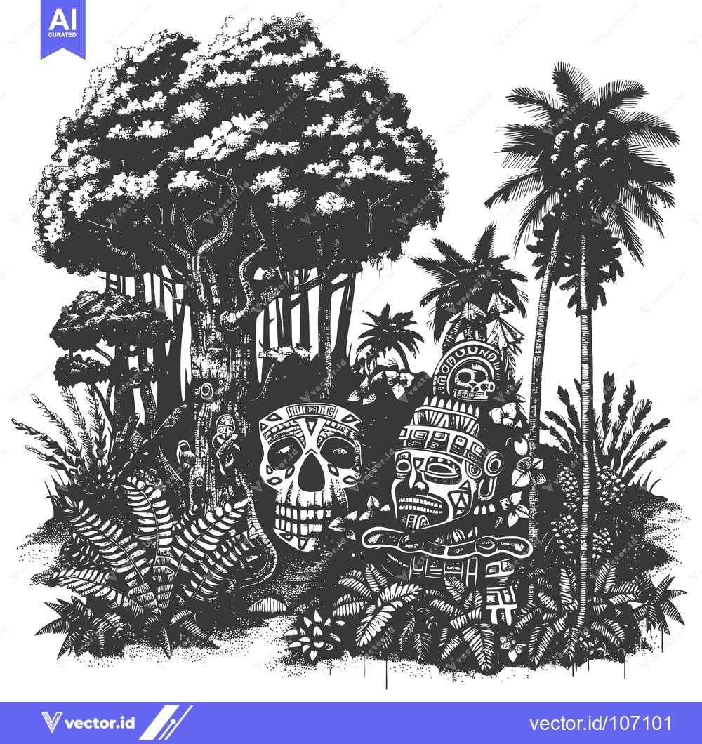Premium Vector dari Tropical Jungle Scene with Mayan-Inspired Skulls and Masks