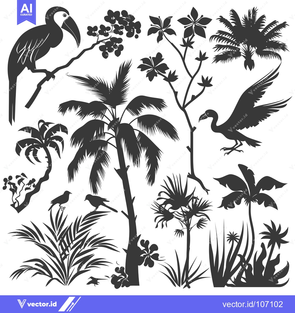 Premium Vector dari Tropical Rainforest Silhouette with Birds and Palm Trees