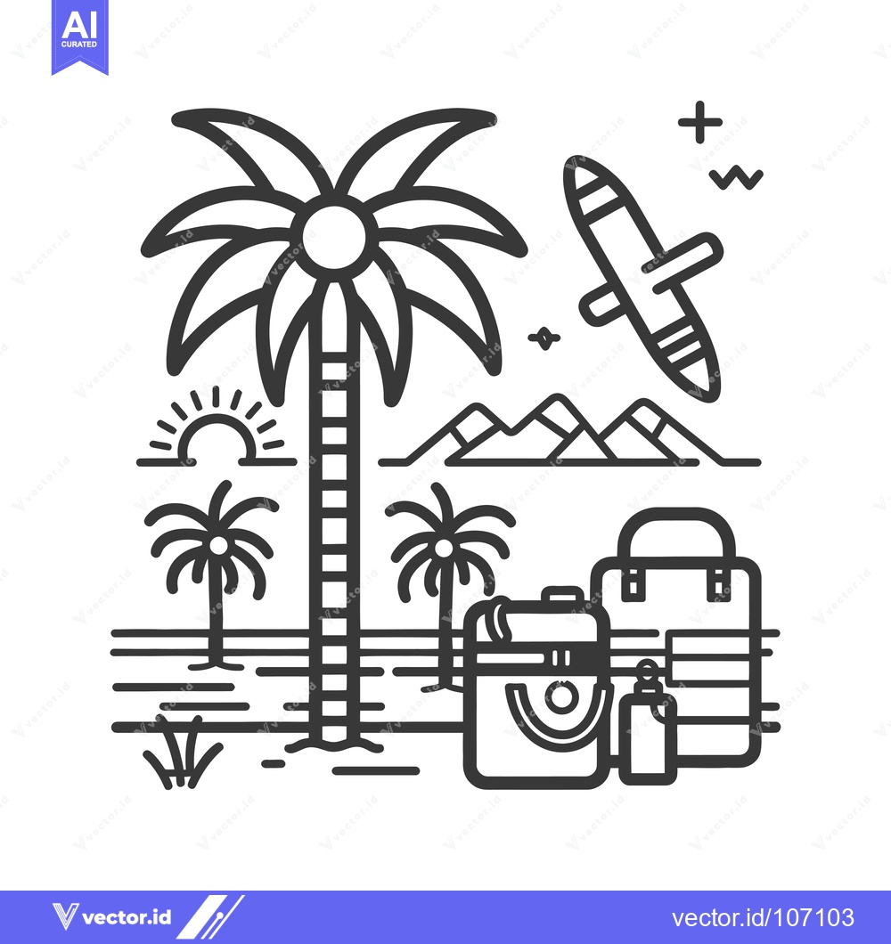 Premium Vector of Tropical Vacation Line Art Illustration with Palm Trees, Backpacks, an