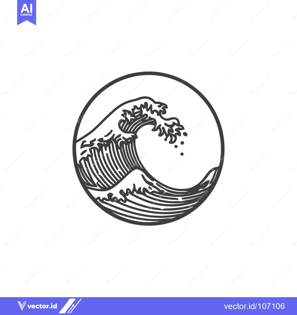 Premium Vector of Engraved Wave in Circle: Vintage Ocean Graphic with Hatching
