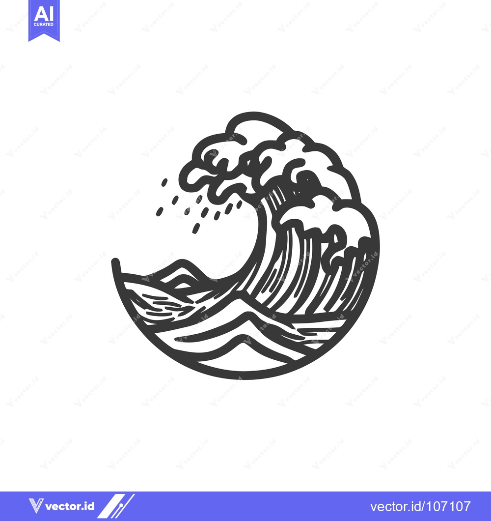 Premium Vector dari Stylized Wave Cresting with Water Droplets in Circular Design