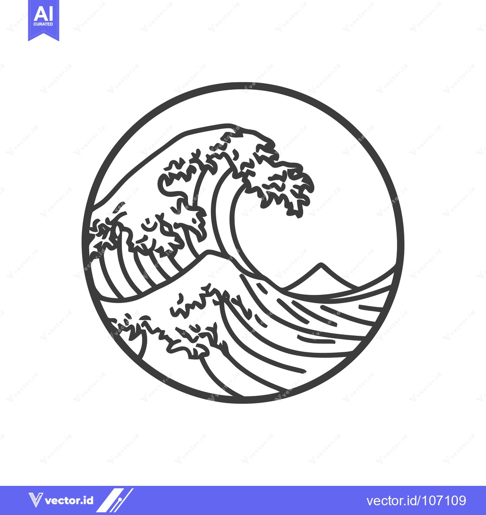 Premium Vector dari Minimalist Great Wave Outline in Circle, Japanese Art Inspired Design