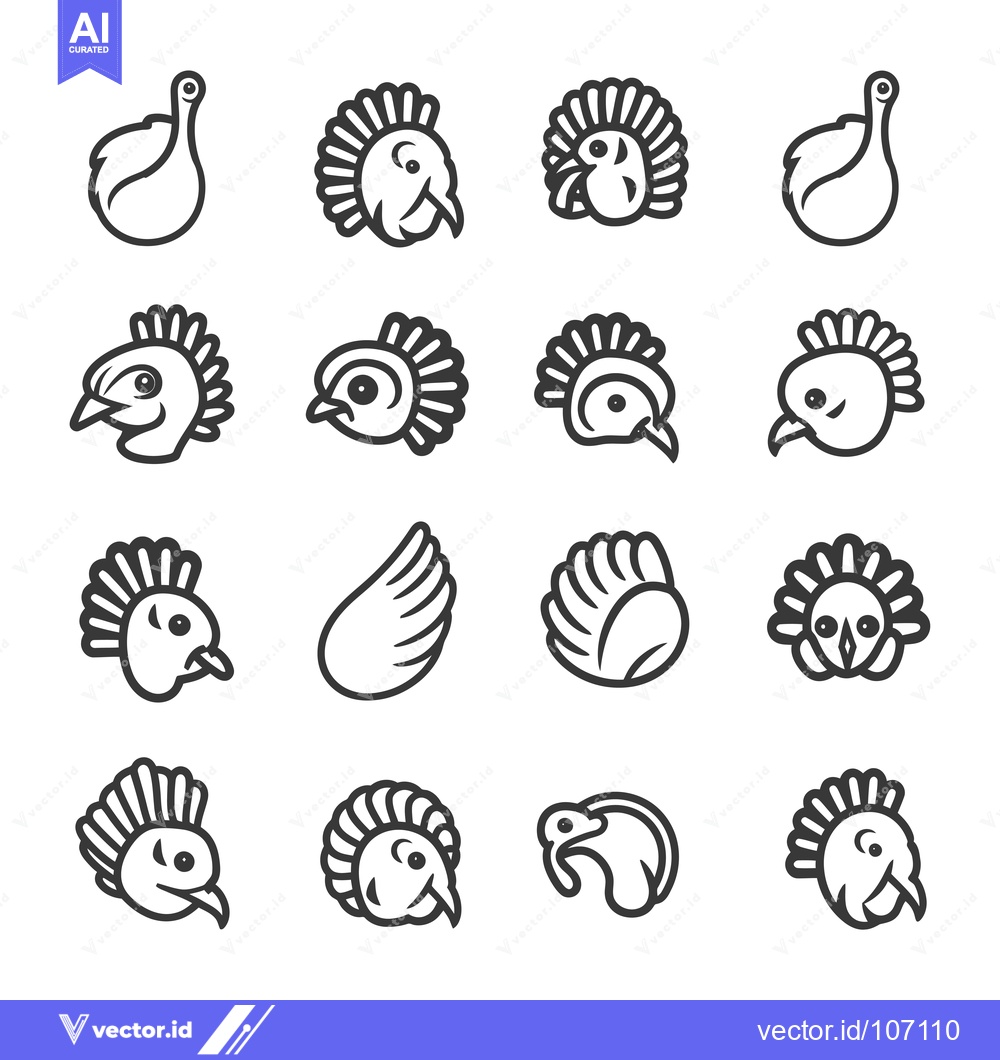 Premium Vector of Turkey Bird Line Icons in Various Poses and Views