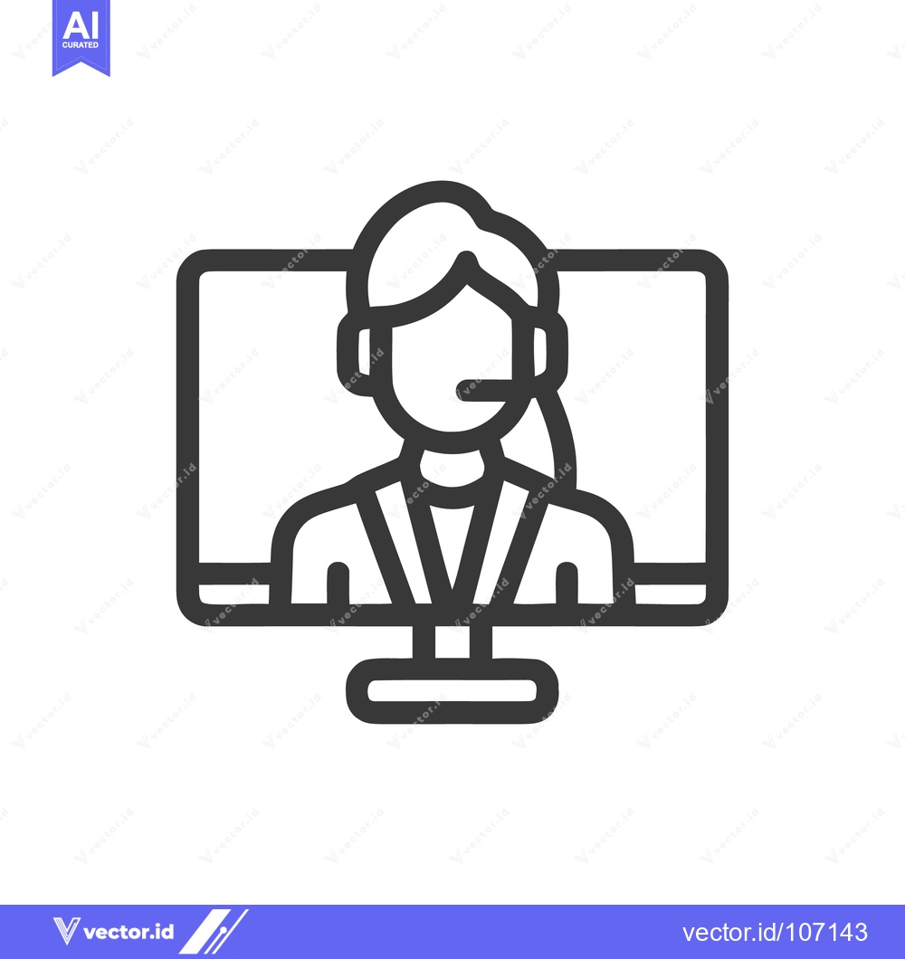 Premium Vector dari Customer Service Icon: Woman with Headset on Computer Screen, Minimali
