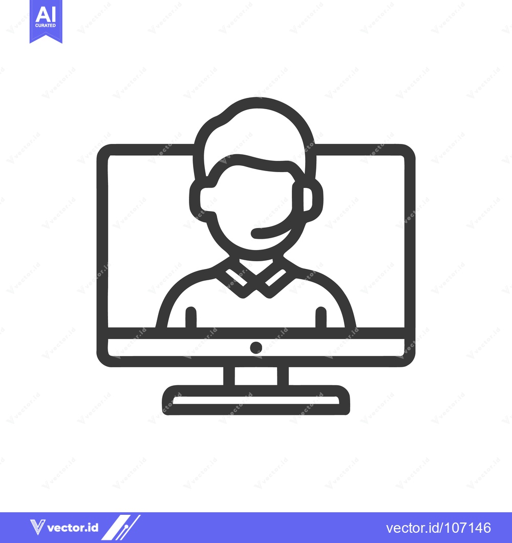 Premium Vector dari Customer Support Icon: Man with Headset on Computer Screen, Outline St