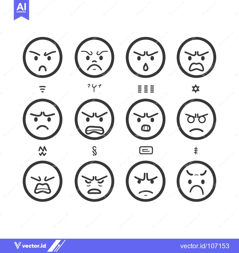 Premium Vector of Twelve Black and White Angry Emojis with Symbols Below