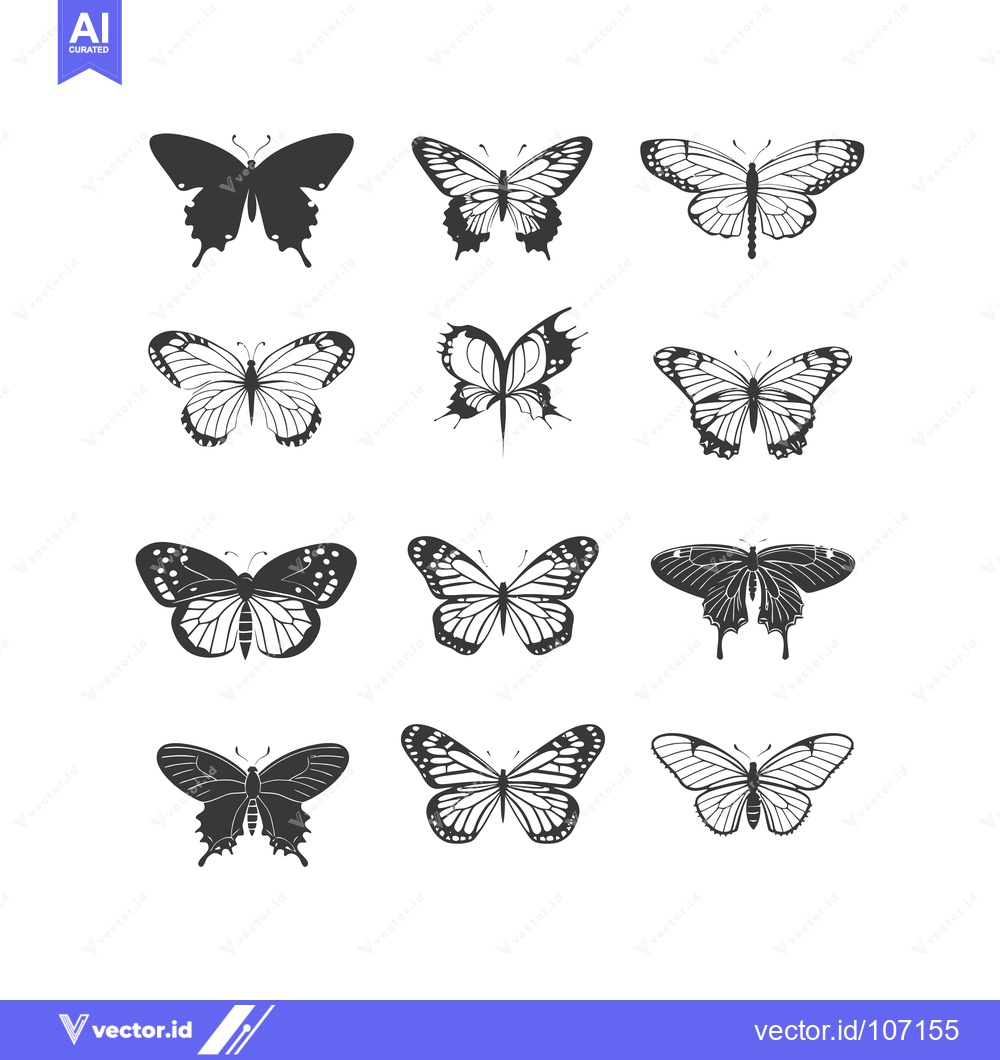 Premium Vector of Twelve Black and White Butterfly Silhouettes