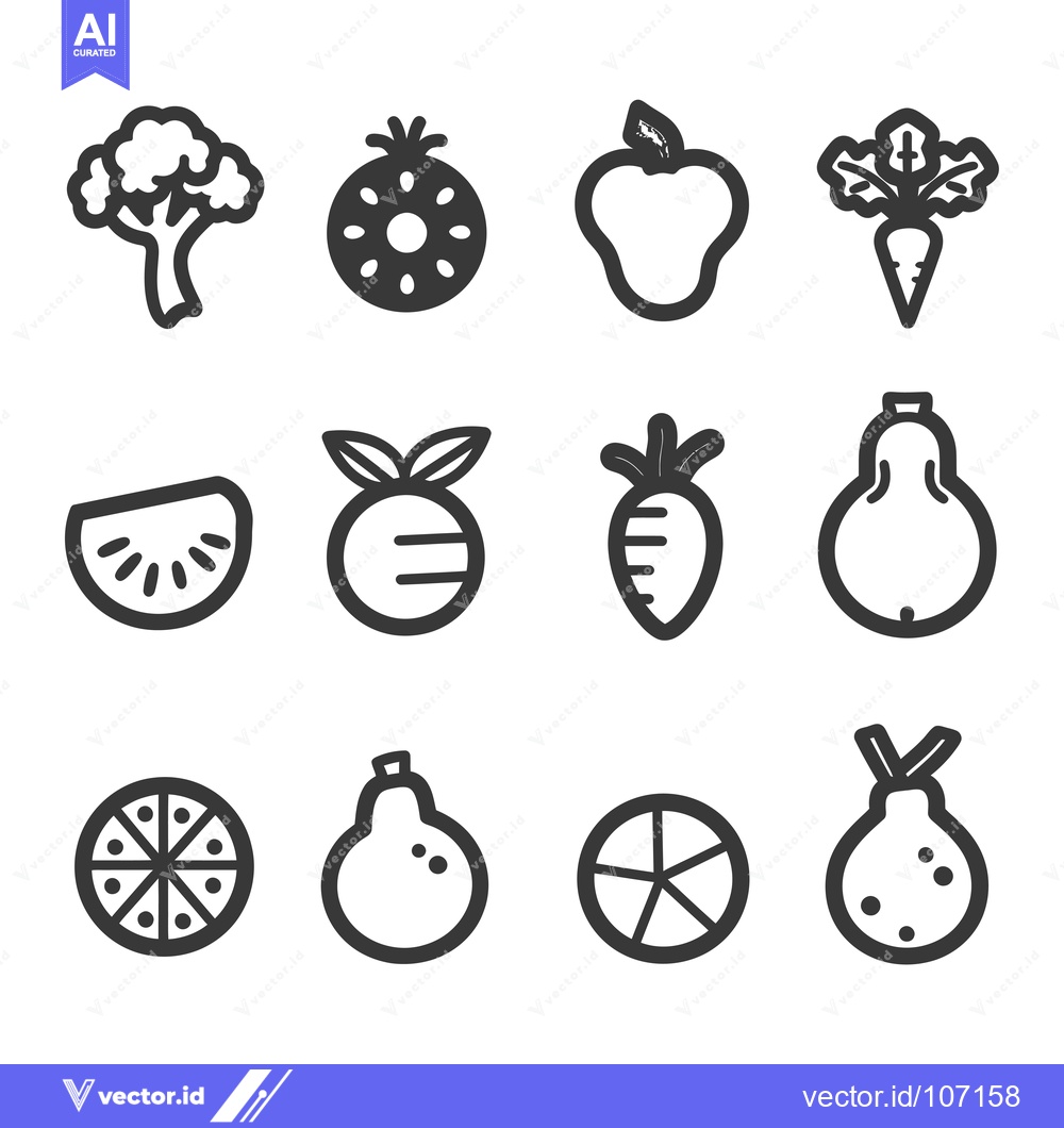 Premium Vector of Twelve Black and White Icons of Fruits and Vegetables
