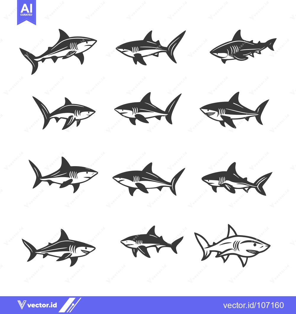 Premium Vector of Twelve Black and White Illustrations of a Shark Swimming