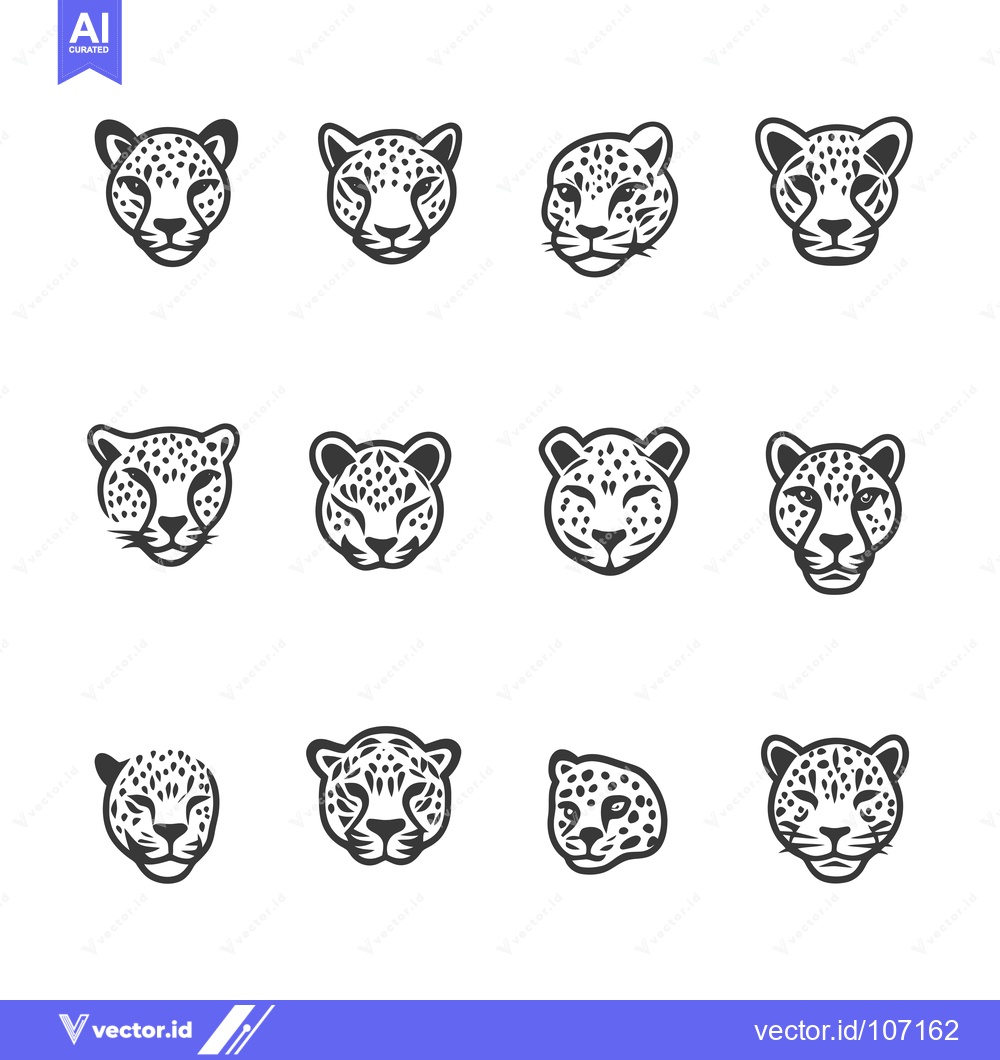 Premium Vector dari Twelve Black and White Leopard Head Illustrations