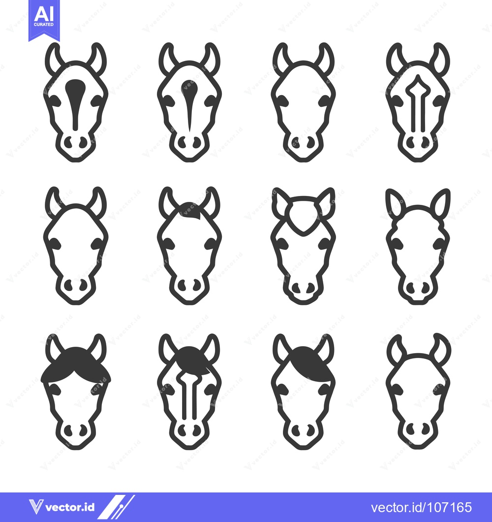 Premium Vector of Twelve Black and White Line Drawings of Horse Heads