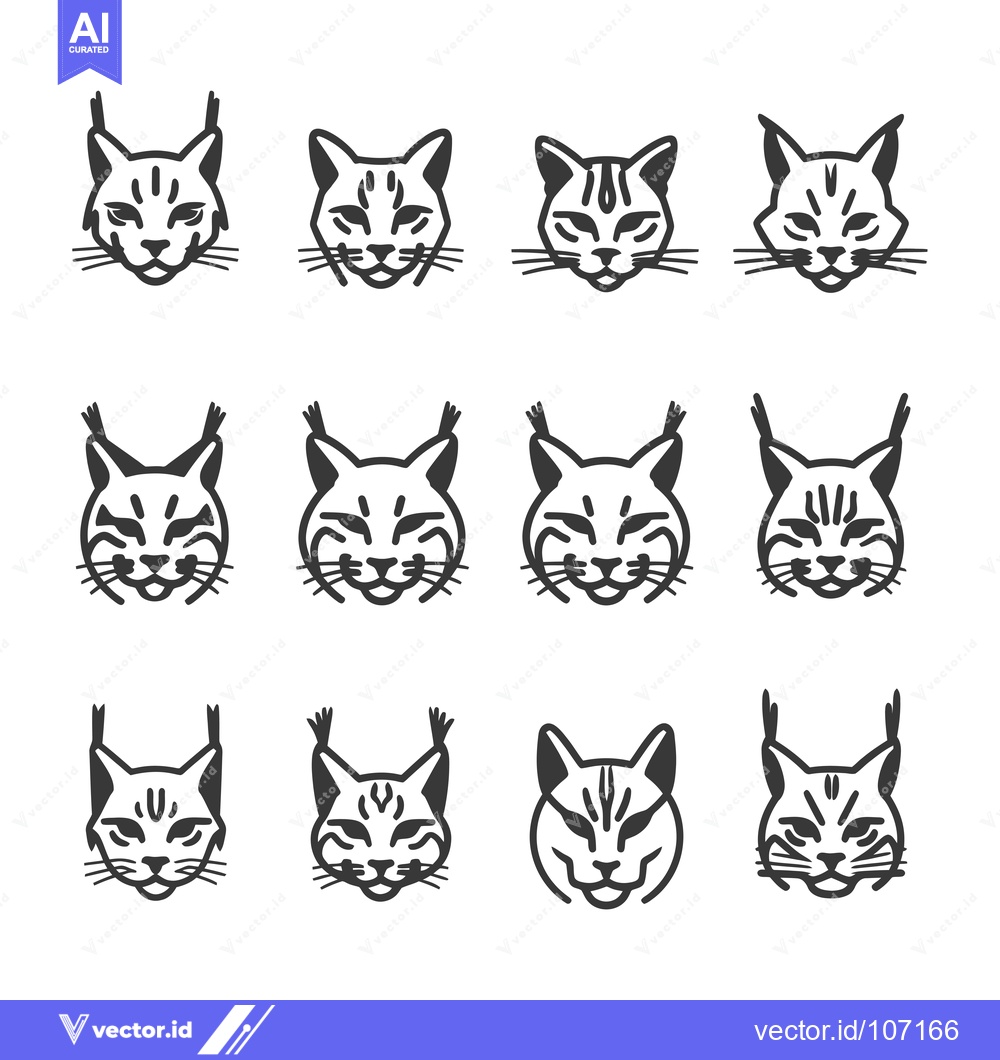 Premium Vector of Twelve Black and White Line Drawings of Lynx Faces