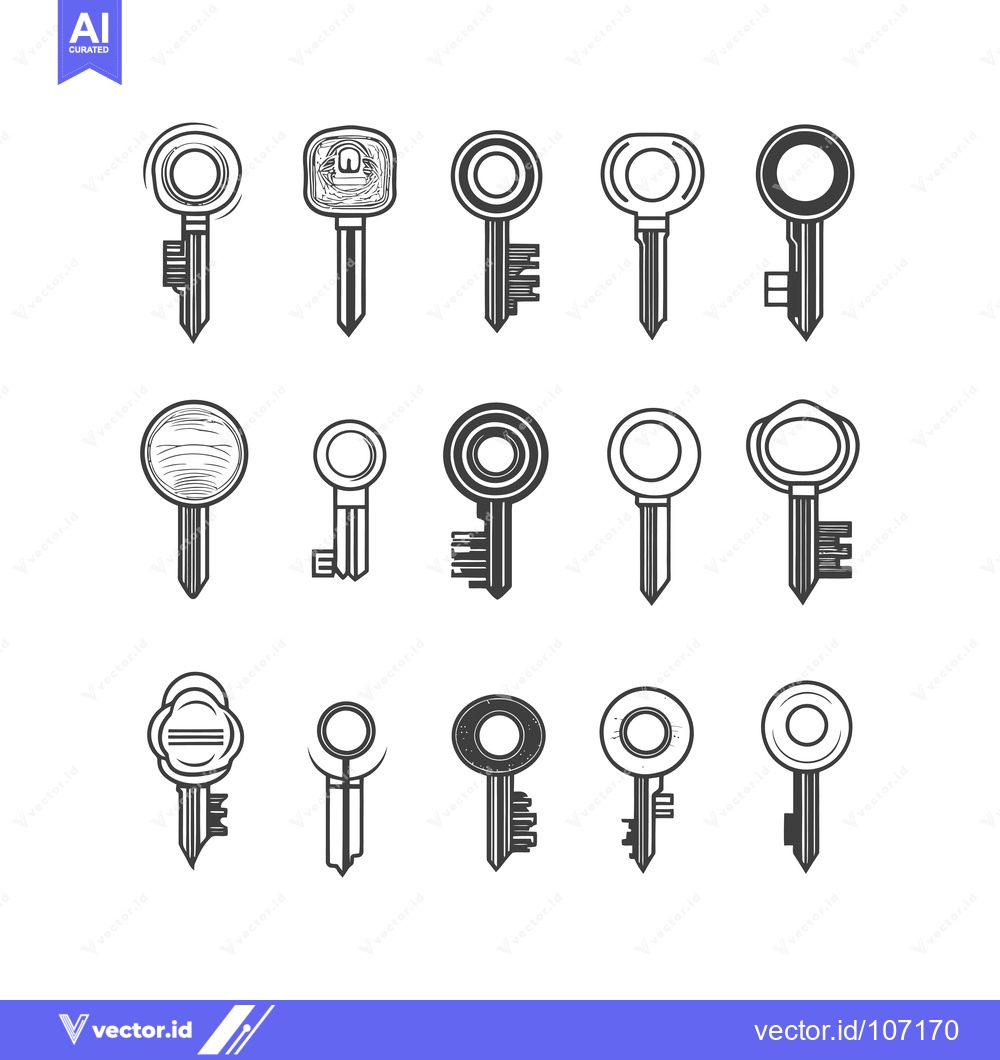 Premium Vector of Twelve Black and White Outline Sketches of Keys