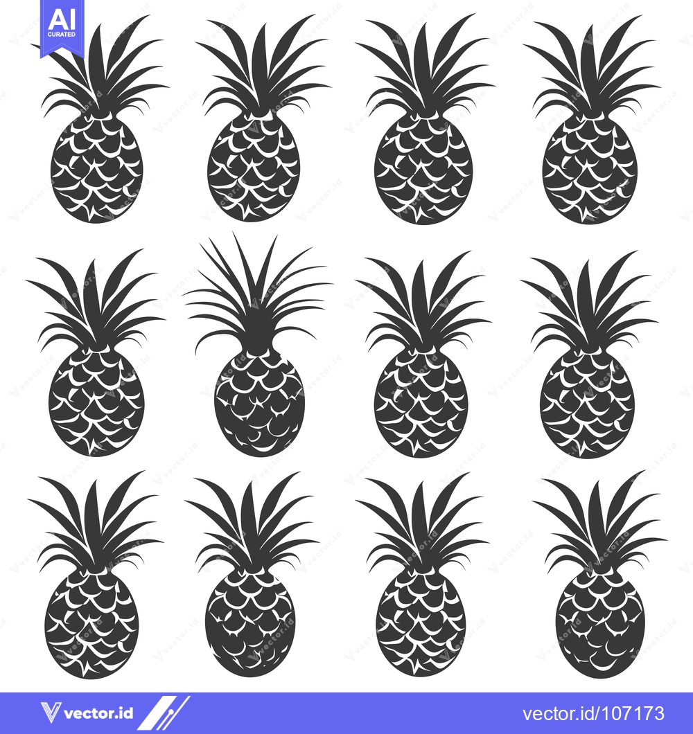 Premium Vector dari Twelve Black and White Pineapple Silhouettes on a White Background