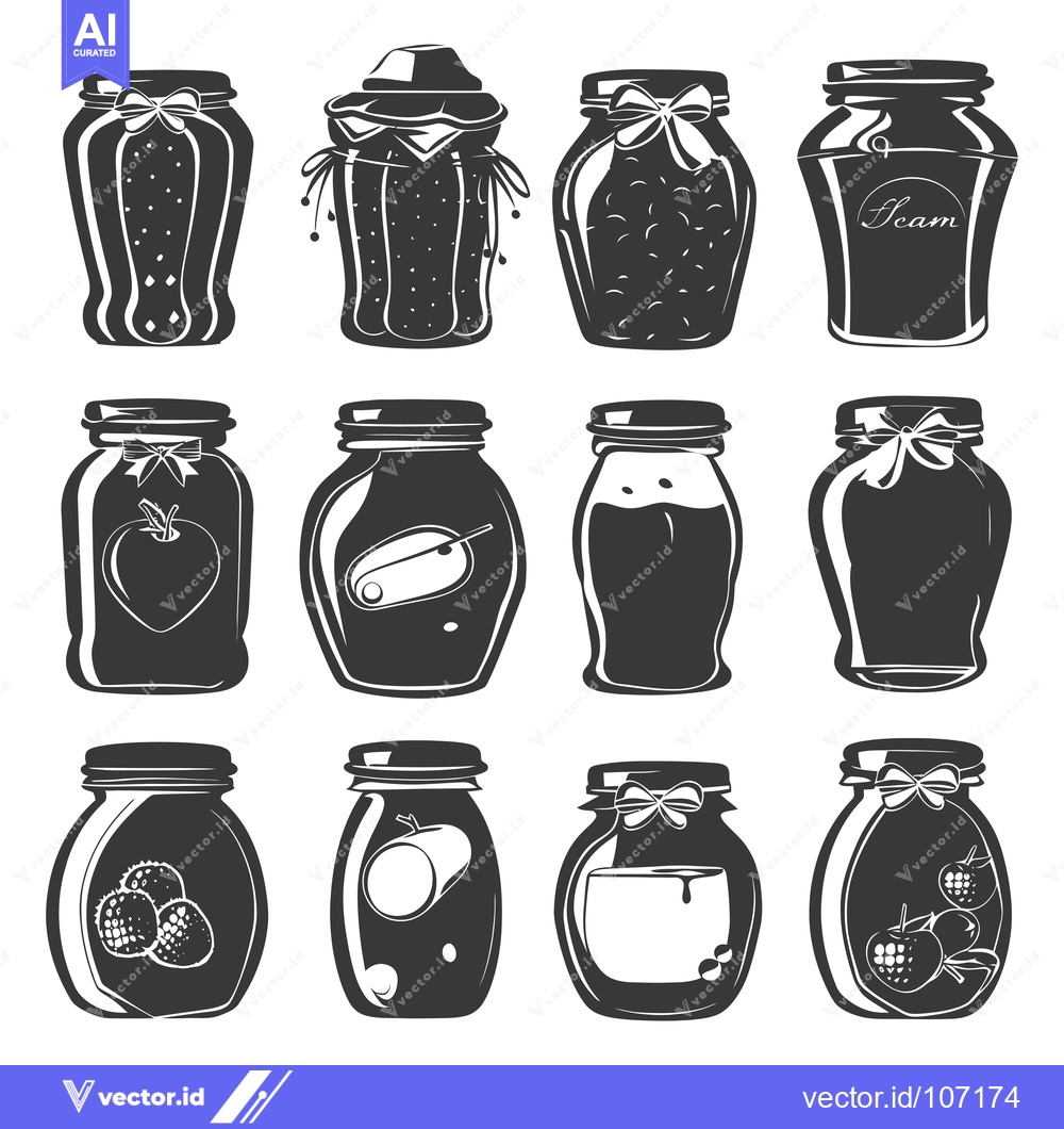 Premium Vector dari Twelve Black and White Silhouettes of Glass Jars with Various Contents