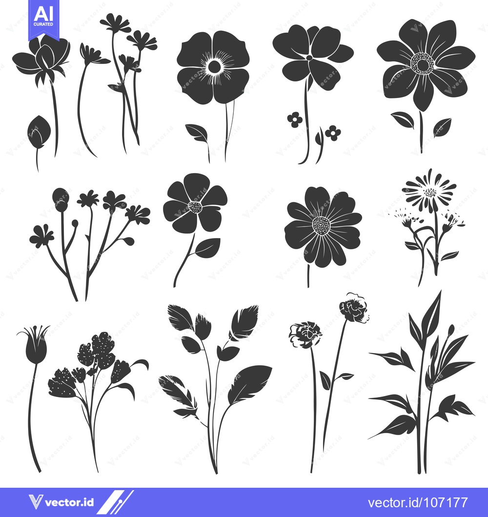 Premium Vector dari Twelve Black and White Silhouettes of Various Flowers and Foliage