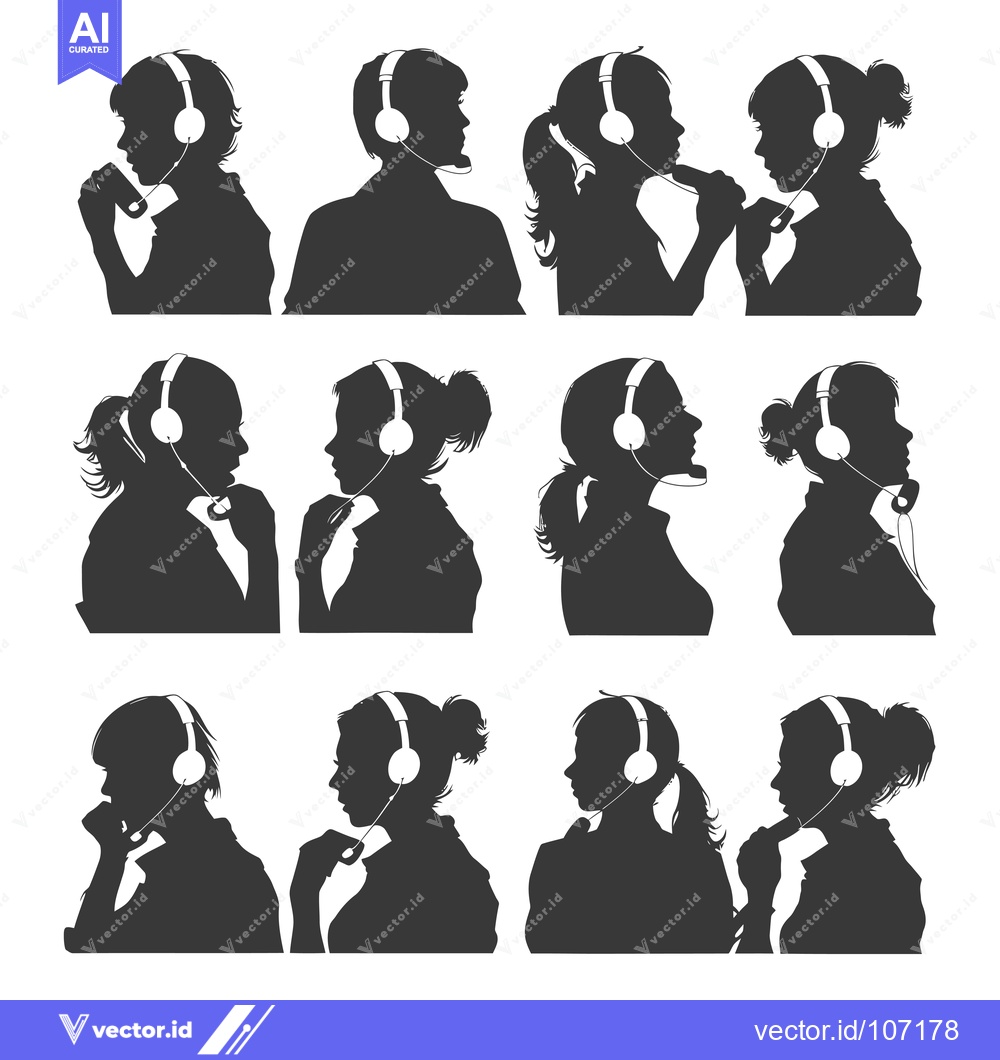 Premium Vector of Twelve Black and White Silhouettes of Women Wearing Headphones