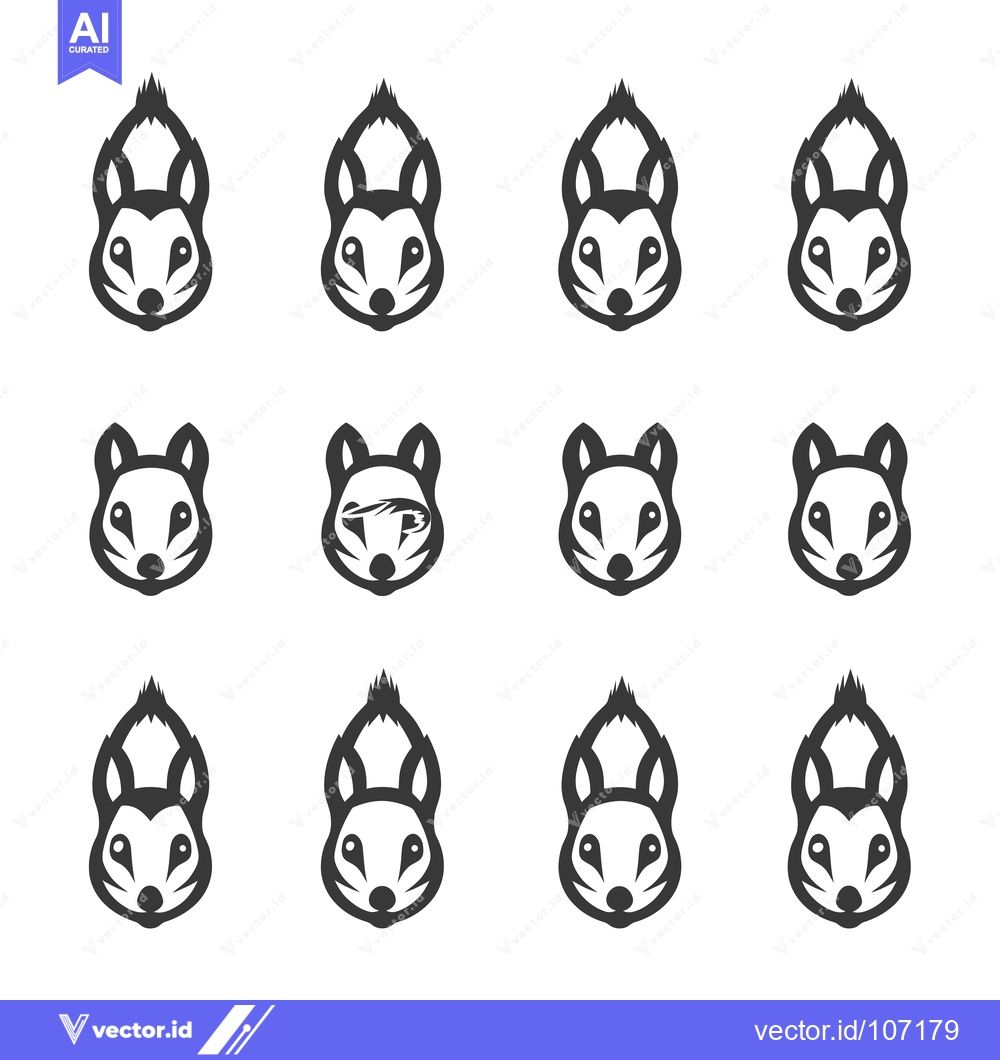 Premium Vector of Twelve Black and White Squirrel Face Icons