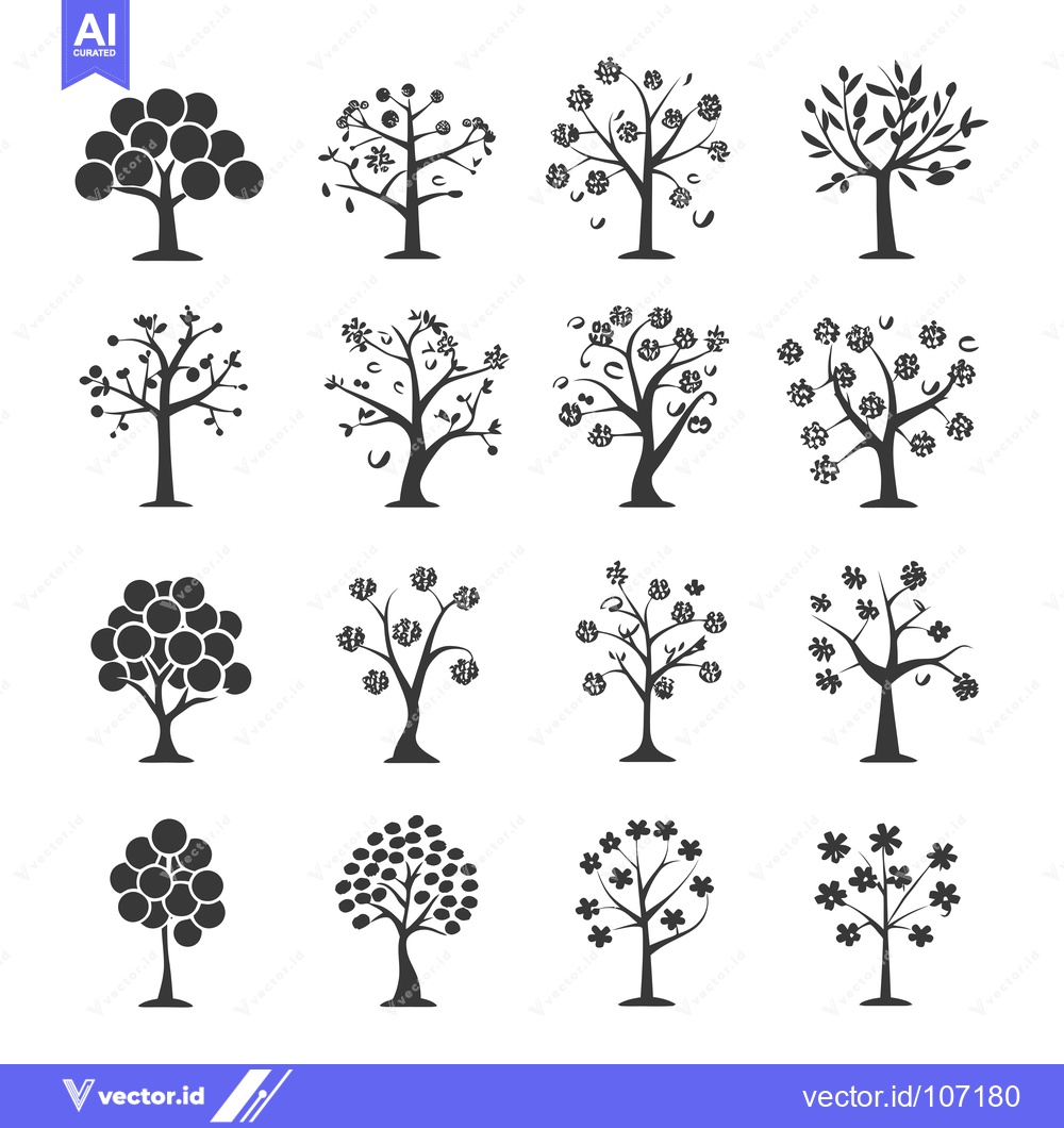 Premium Vector dari Twelve Black and White Stylized Tree Silhouettes