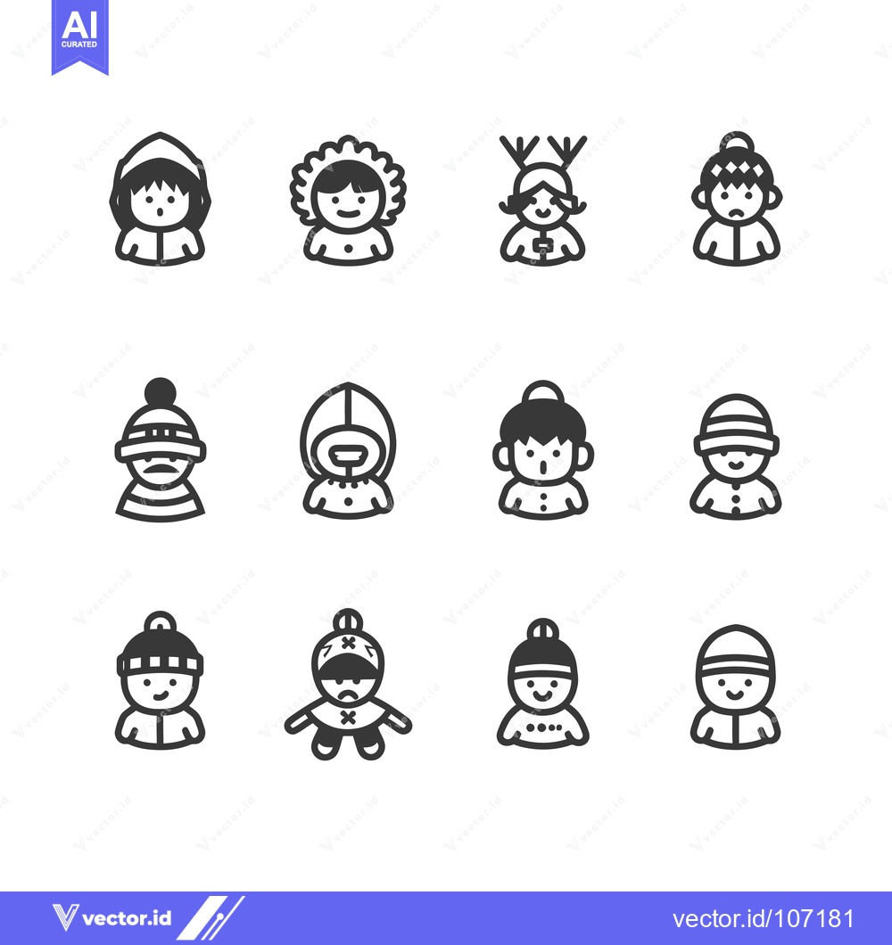 Premium Vector of Twelve Black and White Winter Icons of People Wearing Warm Clothing